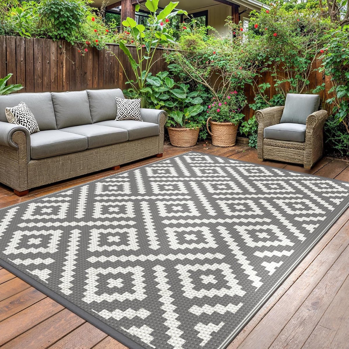 Terrasmat, waterdicht draaibaar plastic, grillmat voor buiten voor tuin, picknick, balkon, rom grijs wit, 180 x 275 cm