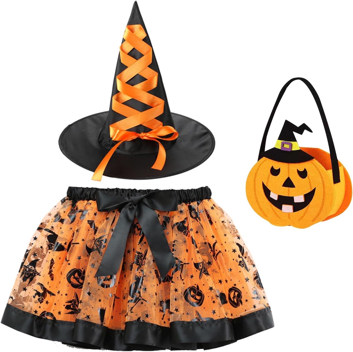 Heksenjurk voor kinderen, met heksenhoed, tutu, heksenkostuum, Halloweenkostuum voor meisjes, voor cosplay, carnaval, Halloween, carnaval, kostuum, feest (geel)