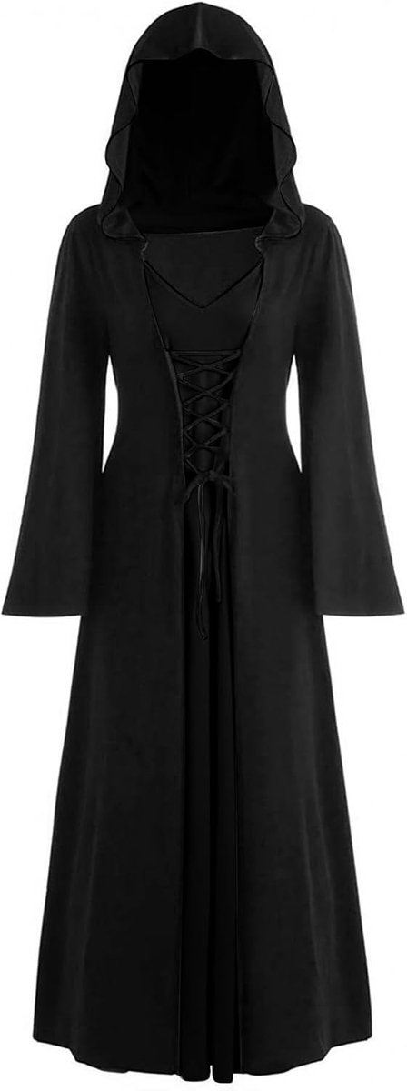 Damesjurk met kant, hoodie, maxi-jurk, Halloween, cosplay, gothic, jurk met capuchon