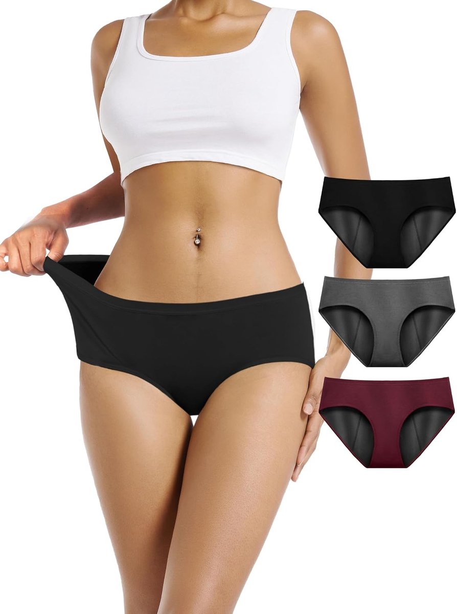 Menstruatieslip Zeer Overvloedig Doorvloeiend Absorberend Periodiek Controle Slipje Set van 3 (L, Zwart/Bordeaux/Grijs)