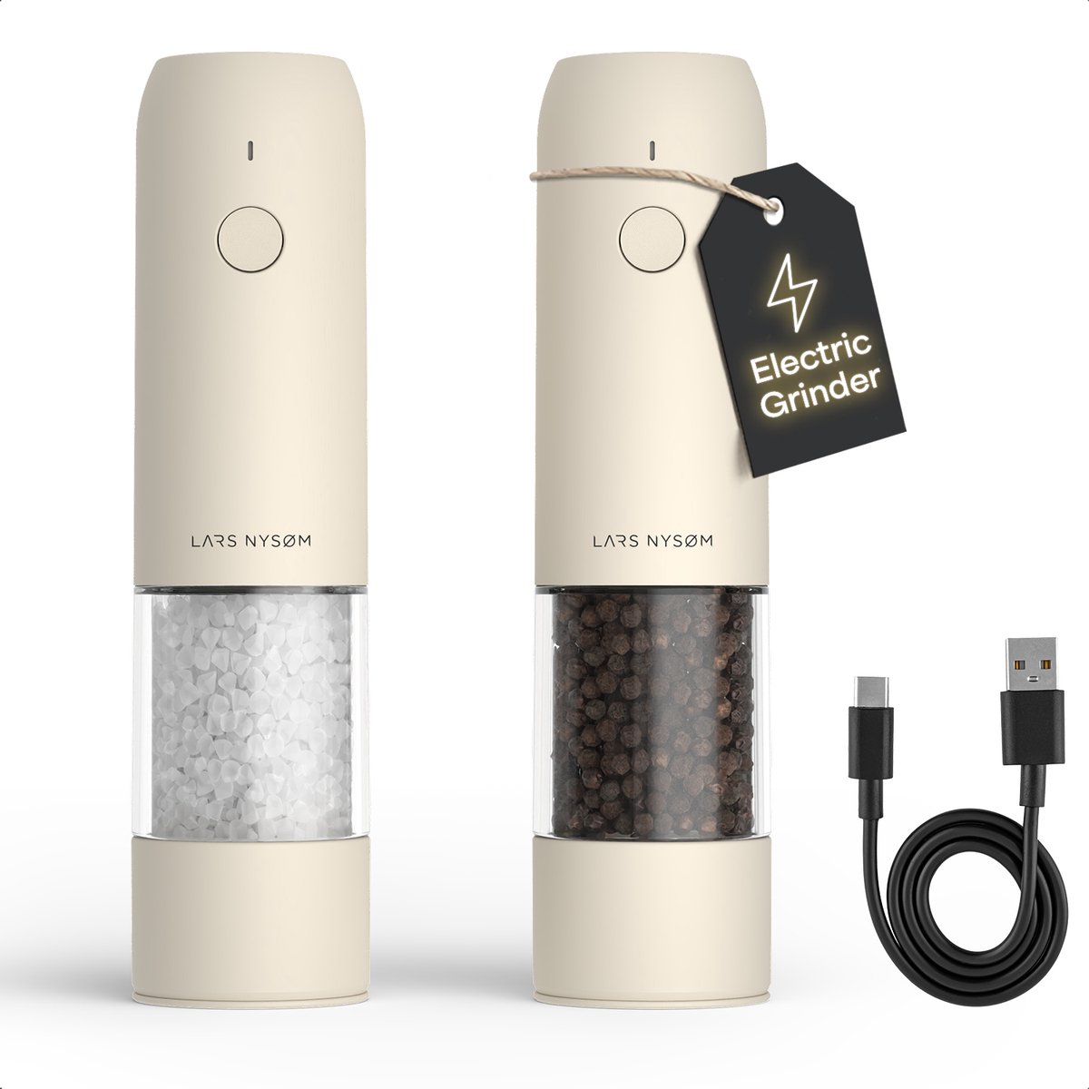 LARS NYSØM LARS NYSØM Elektrische Zout- en Pepermolen Set van 2, USB-C Oplaadbaar, Automatische Kruidenmolen, Instelbare Maalgraad, Keramisch Maalwerk, LED-licht, Navulbaar (Cream Beige)