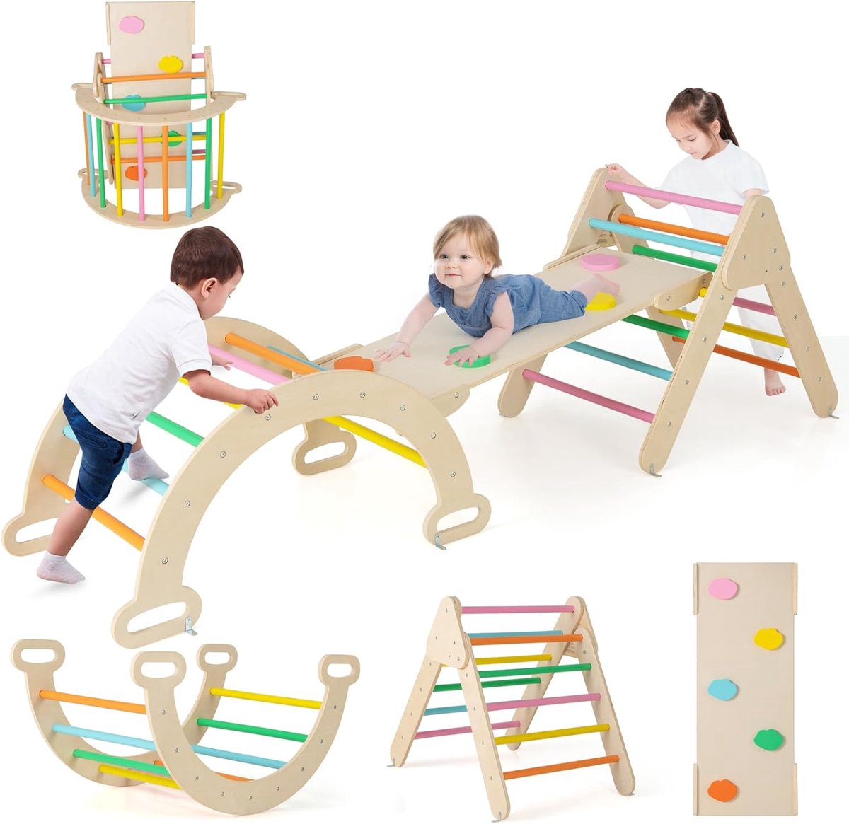 4-in-1 klimrek met glijbaan, houten klimdriehoek, incl. dubbelzijdige helling en klimboog, voor klimmen, glijden en wippen, driehoek, speelplaats voor kinderen vanaf 1 jaar