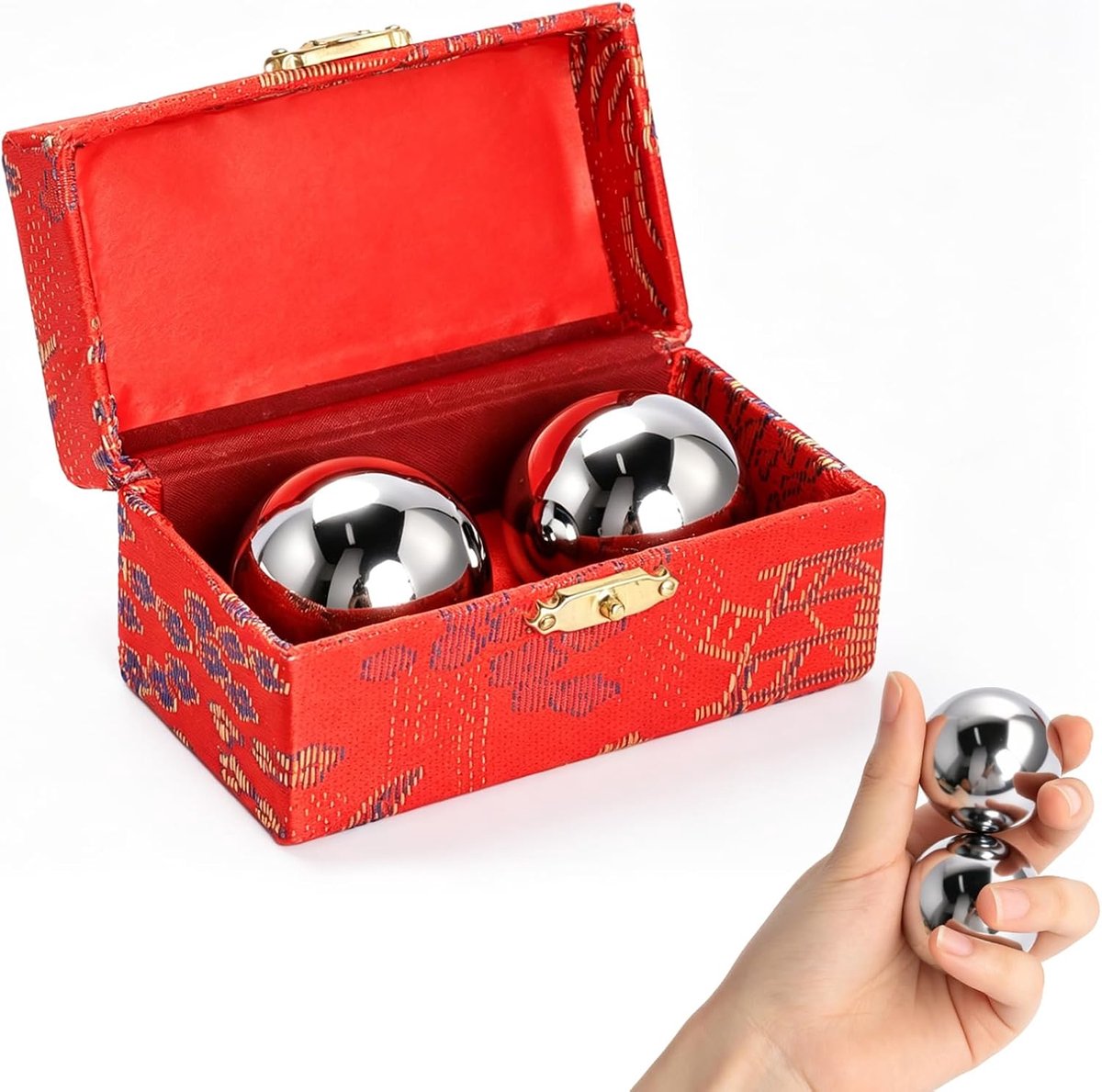 Gong ballen van metaal, 38 mm, klankballen voor ontspanning en meditatie, Qigong ballenset voor handtraining, vingeroefeningen en stressvermindering, met geschenkdoos