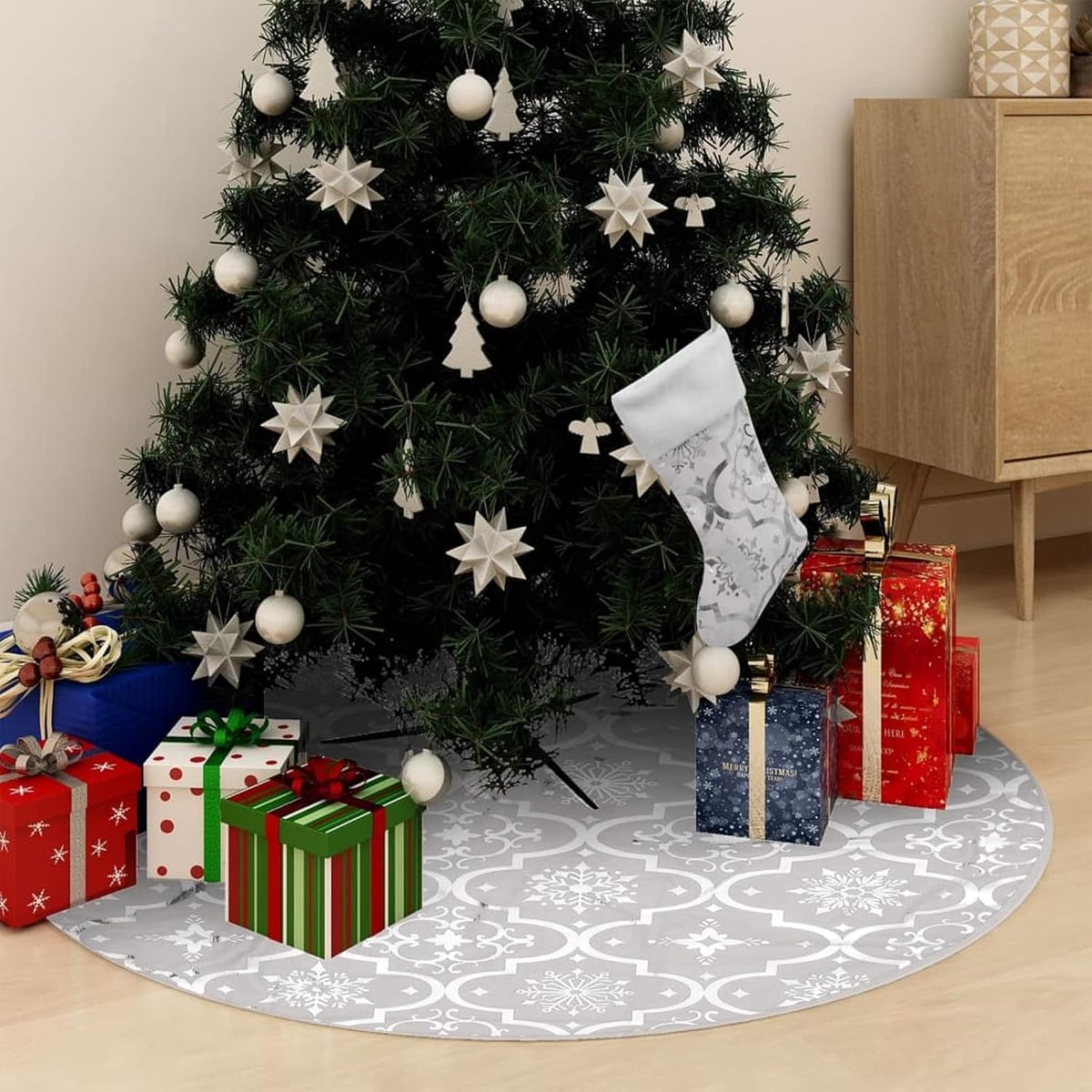 Rok, boom, Kerstmis, geraffineerd, met kerstkous, stof, kerstboomhoes, 122 cm, wit