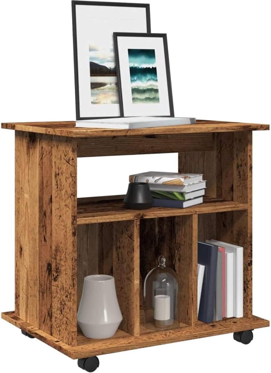 Rolcontainer in oud houtlook, 60 x 45 x 60 cm, houtmateriaal met wielen en vergrendelbare remmen, bijzetkast met open vakken voor kantoor, woonkamer, keuken, stabiele opbergruimte