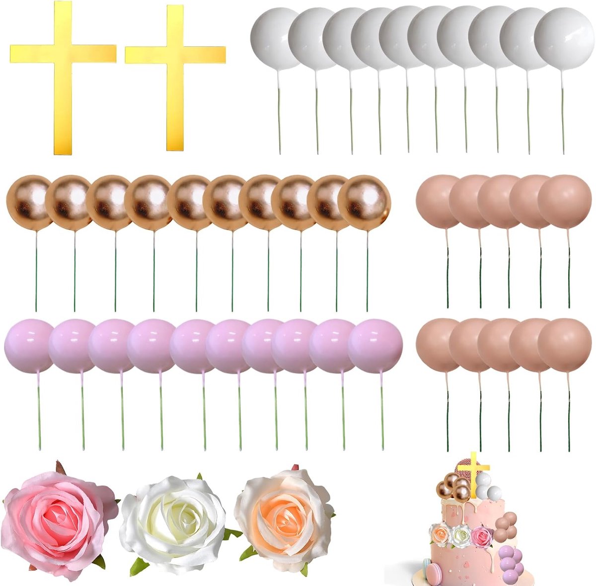 Rozentaartdecoratie set - inclusief bloemen, kruis en kleurrijke ballen - perfect voor doop en communie - SnelShoppen