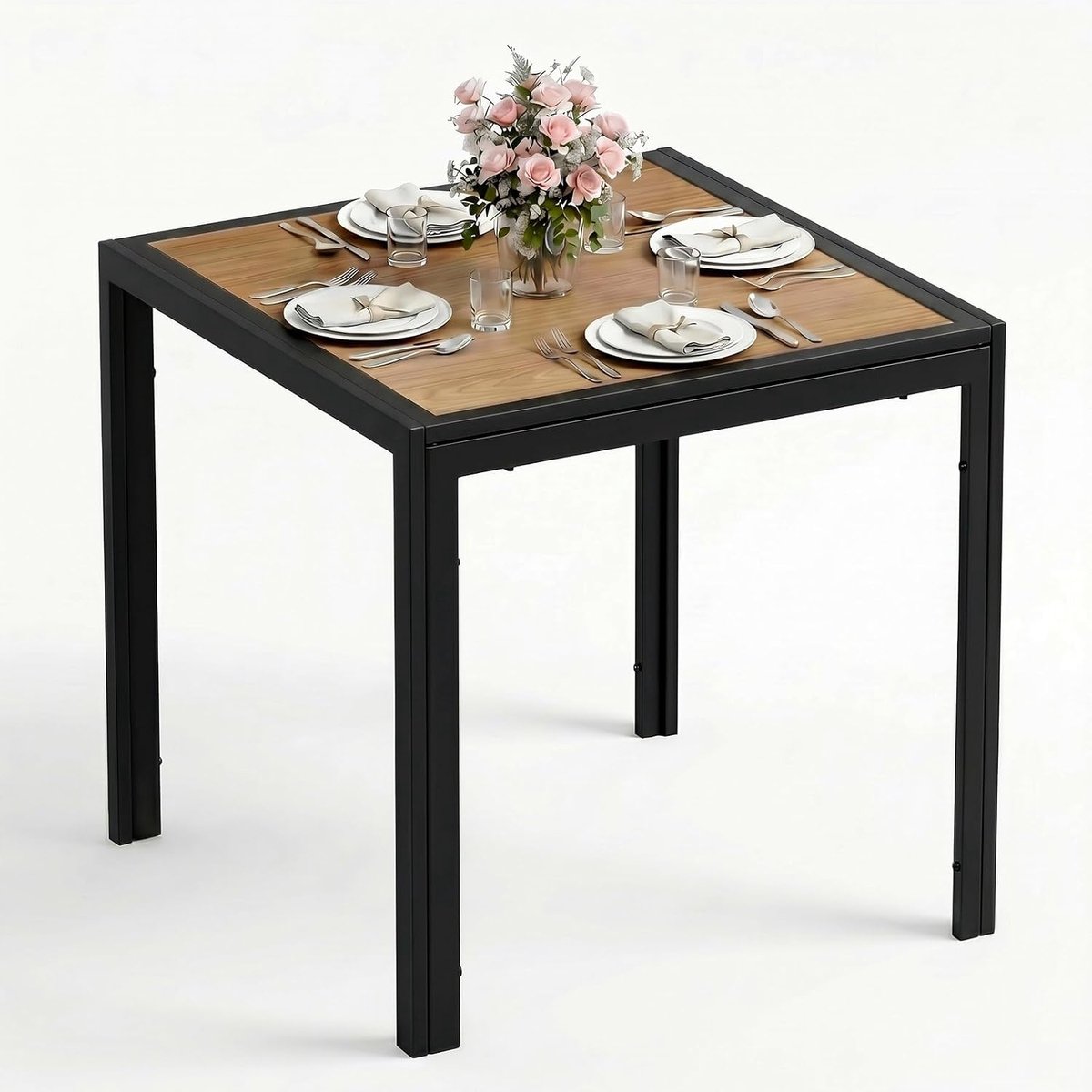 Tuintafel, 75 x 75 x 72 cm, DPC balkontafel, vierkante terrastafel met metalen frame, antislip eettafel, outdoor, voor klein balkon, zwart