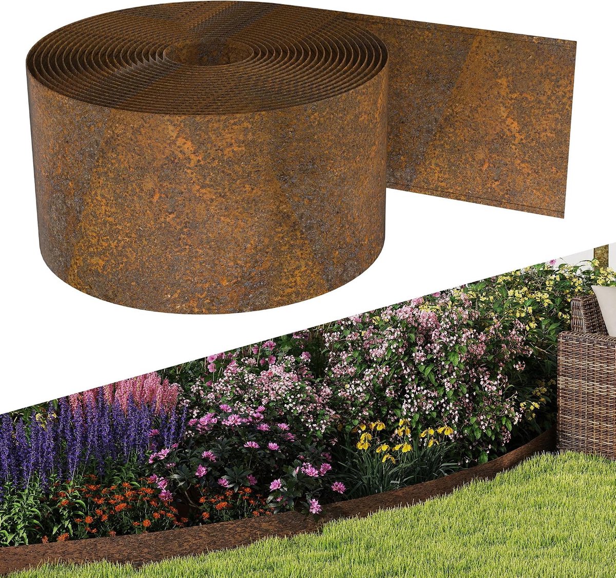 Cortenstaal, gazonrand, 10 m, hoogte 14 cm, flexibele bloembedrand voor tuin, onderhoudsvrije tuinpalissade, gazonbegrenzing, eenvoudige montage