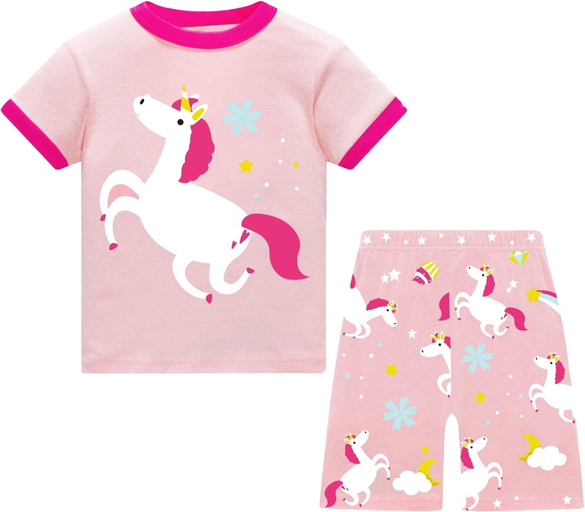 Meisjes Pyjama Korte Kids Zomer Katoenen T-shirt en Shorts Paard Dieren Pyjama Set van 2 Zachte Korte Mouw Shorts Nachtkleding Tweedelige Homewear 2-8 Jaar, maat 92-128