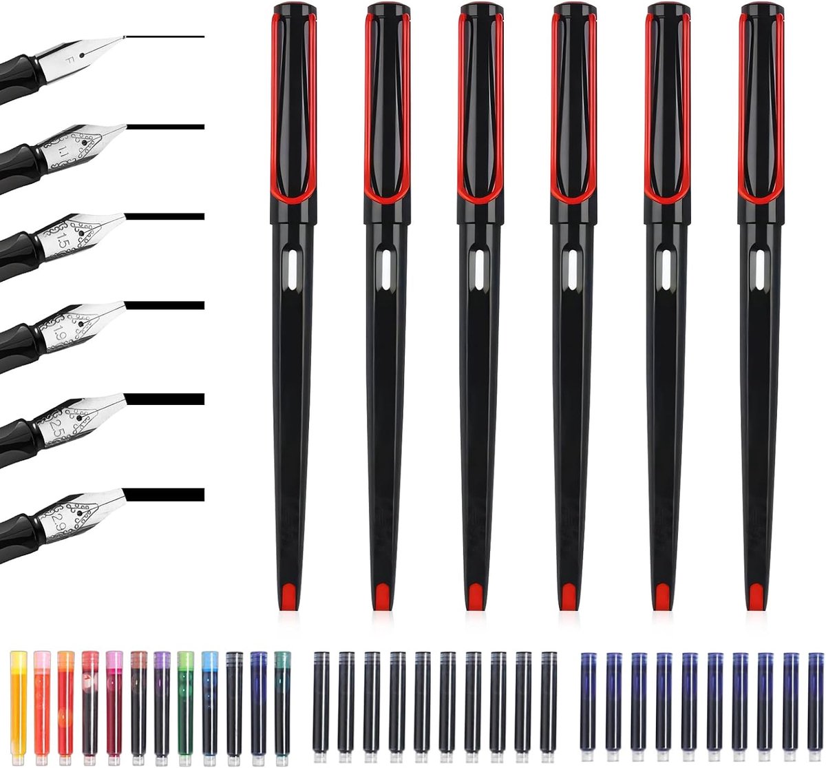 Kalligrafieset, 6 kalligrafiestiften met verwisselbare 32 inktpatronen in 12 kleuren, kalligrafieset voor beginners met 6 verschillende puntmaten, voor beginners, schrijven en tekenen (rood)