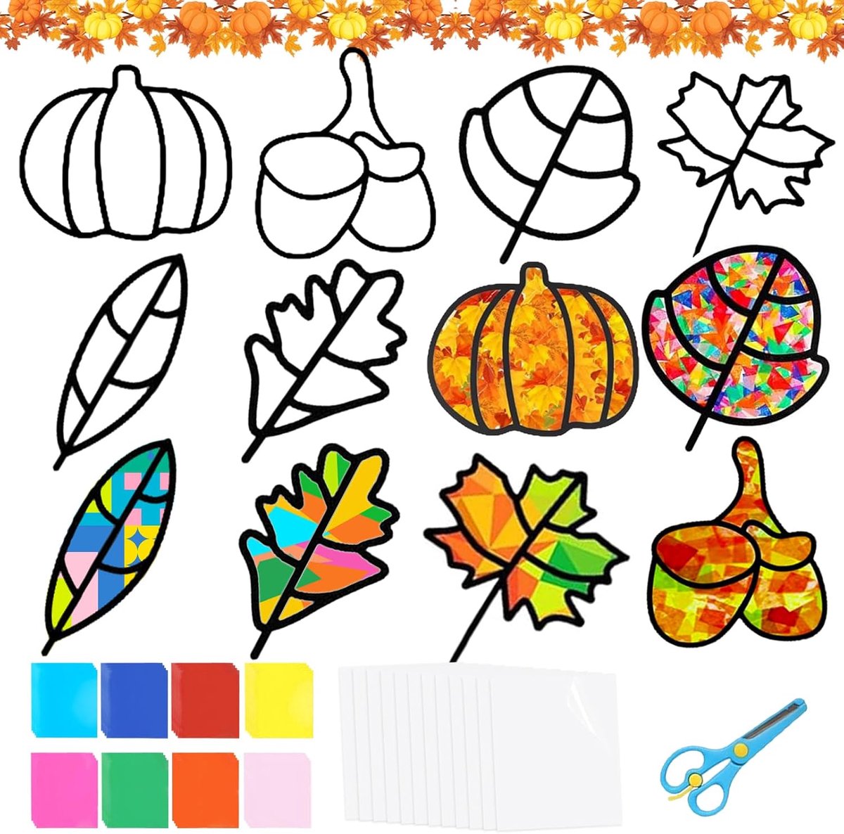 Herfst-knutselset voor kinderen met schaar, 12 stuks, herfst, knutselen, doe-het-zelf set, herfstkransen, creatieve sets om te knutselen voor herfstdecoratie, bladeren, oogstfeest, cadeau voor