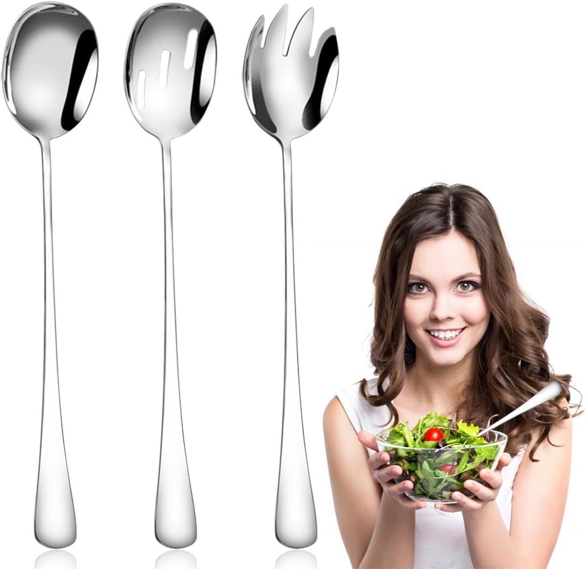 Saladebestek roestvrij staal, slabestek, slalepel, lange lepel, slavork, serveerlepel, salade (3 stuks)