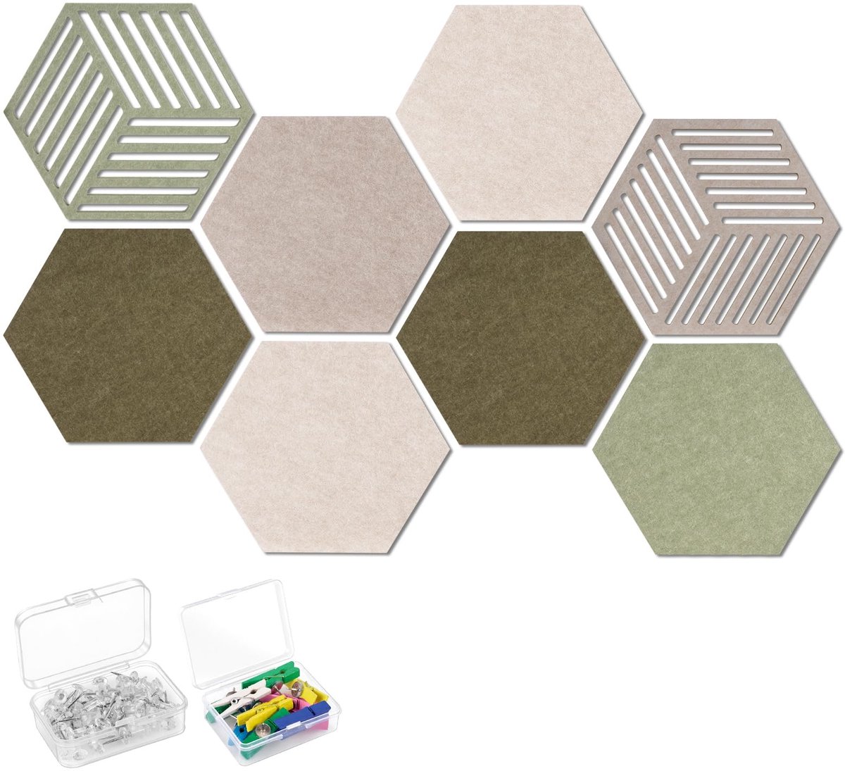 Zeshoekige kurkborden set van 8 - vilt met 40 punaises - groene tinten - ideaal voor wanddecoratie - ShopVlot