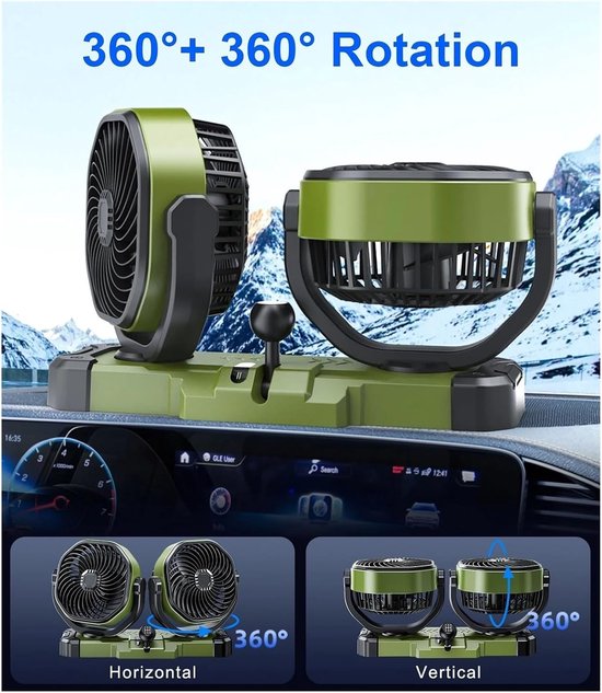 Dubbele Autokoelventilator - Ventilator Auto Dubbel - Auto Koelen - 360 Graden Draaibaar - 12V - Zwart — afbeelding 3
