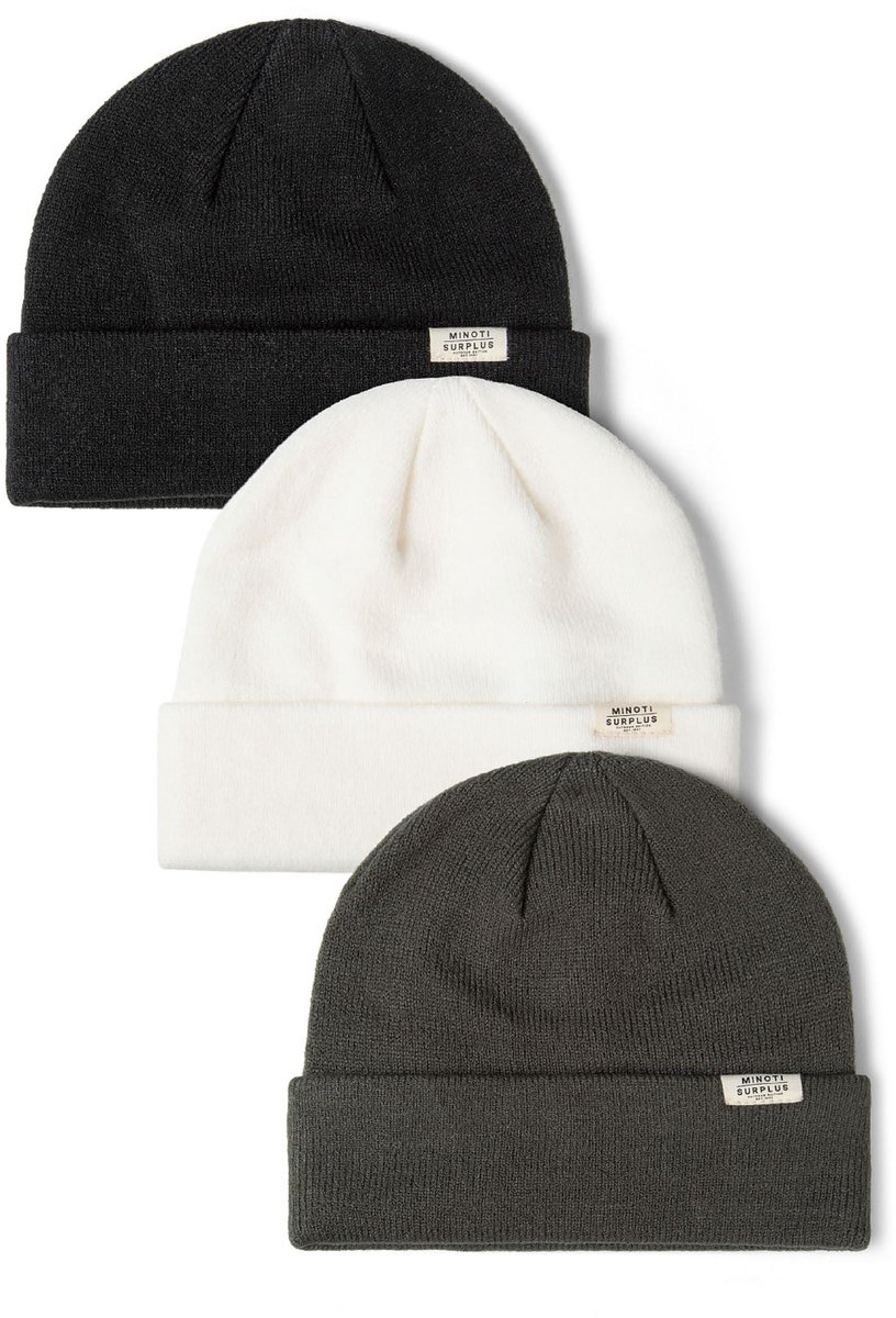 Minoti geribbelde muts 3-pack kinderen unisex - zwart/grijs/crème