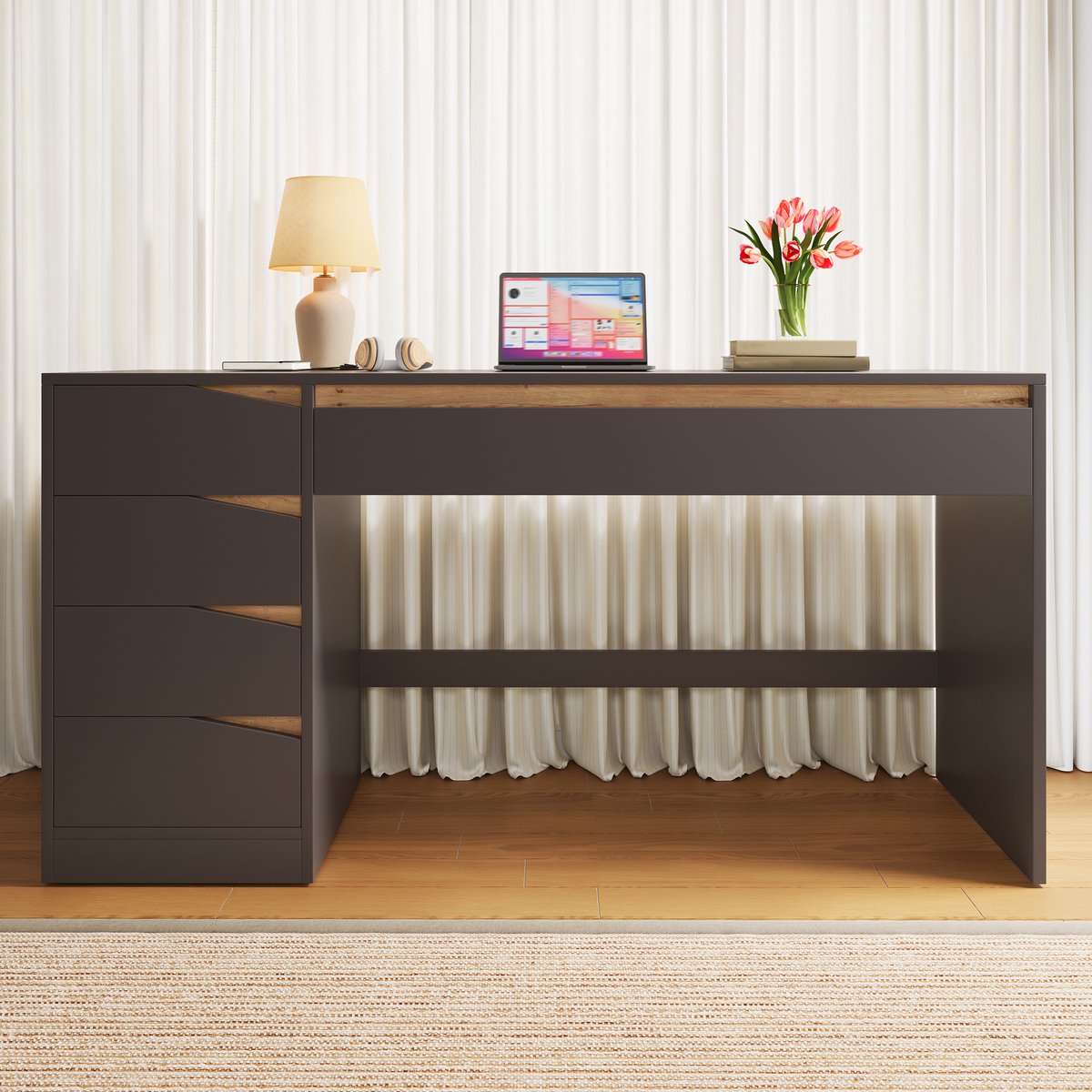 STILVORA Bureau - Ruim Werkblad Met 5 Lades - Voor Homeoffice En Slaapkamer - Hout - 140x50x78 Cm - Grijs;Eikenlook
