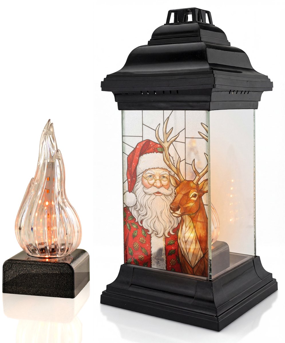 Kerst Znicz Lampion Glas Zwart met LED Vlam - 32cm Hoog