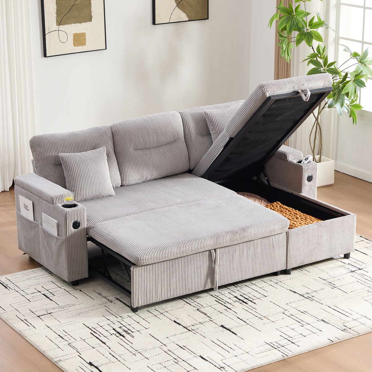 MEUNIQ 3-zits slaapbank met rechter chaise longue, opbergruimte, USB-C en uitklapbaar slaapgedeelte, corduroy, lichtgrijs