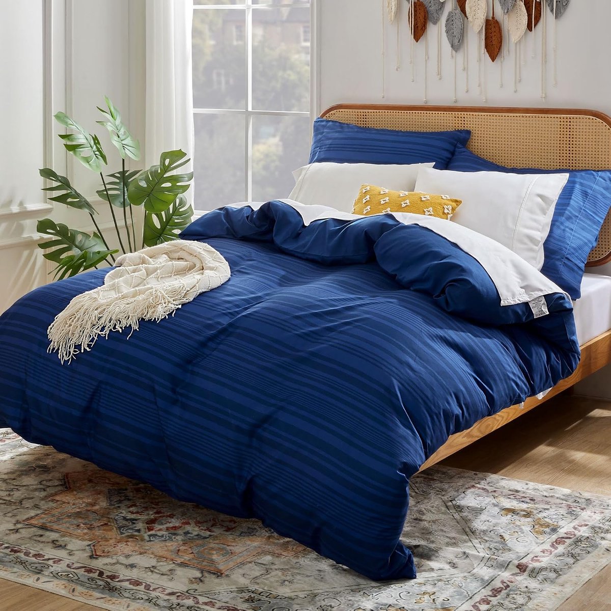 Beddengoedset 135 x 200 cm - microvezel - koningsblauwe strepen - zachte slaapervaring - ShopVlot
