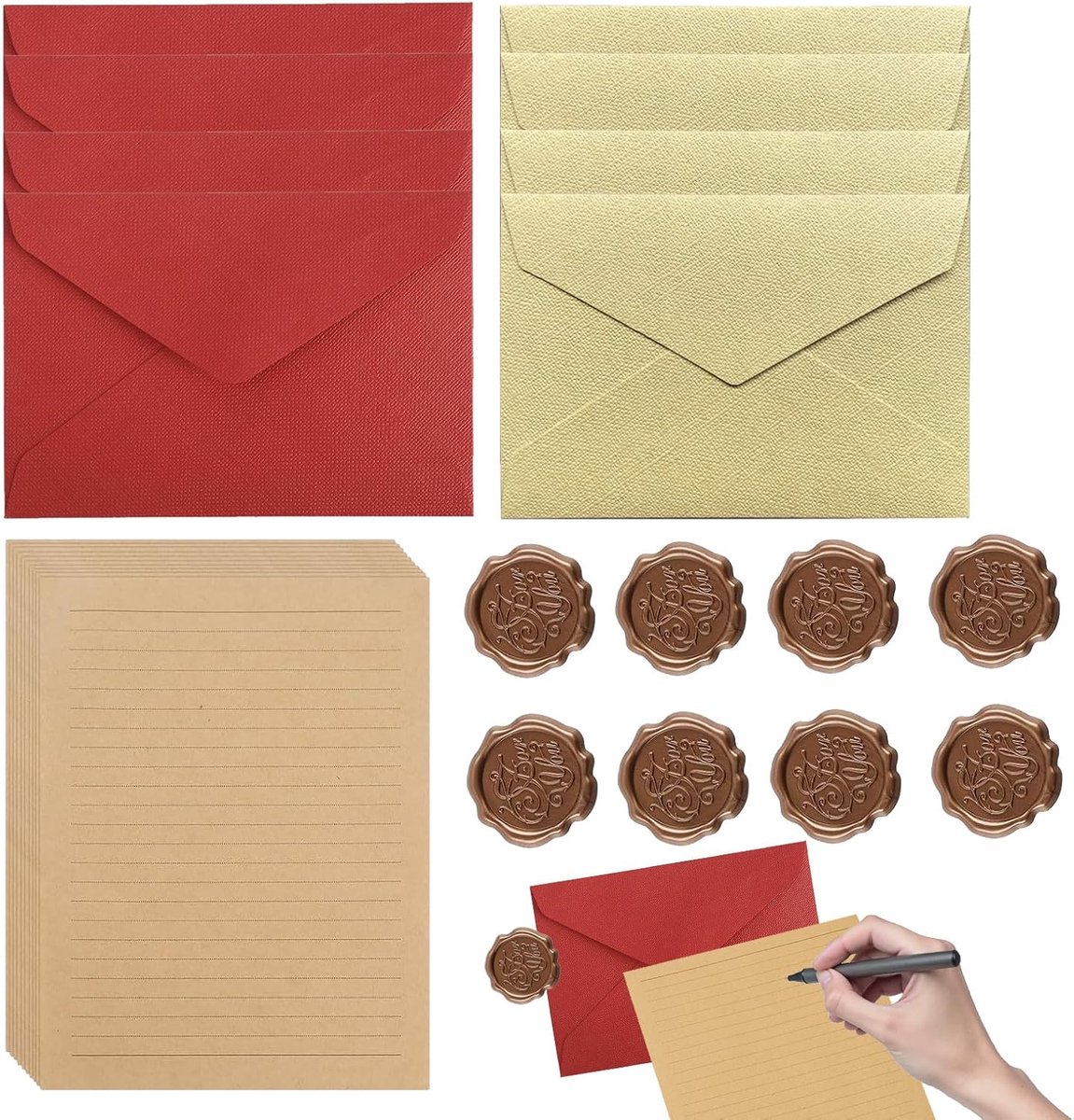Vintage schrijfwaren set A5 - retro papier en enveloppen - bruin en rood - voor brieven en uitnodigingen - SnelShoppen