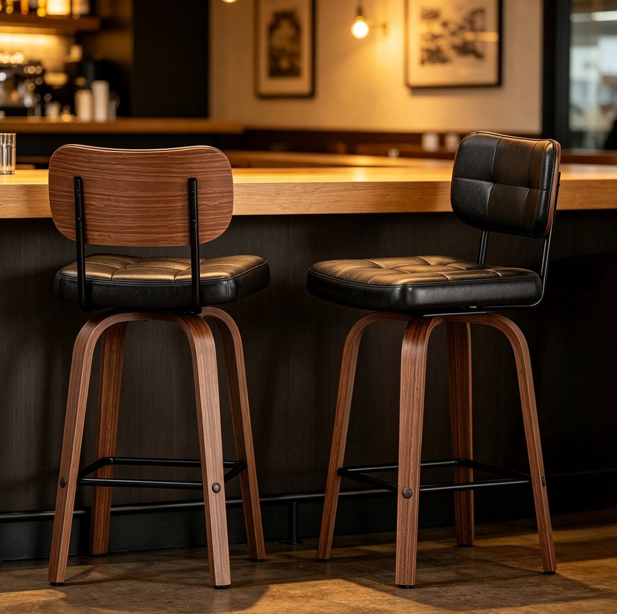 Barstoel Set Van 2 - Draaibaar 360° - Ergonomische Rugleuning En Zachte Bekleding - Voor Bar En Hoge Tafel - Kunstleer - Zwart