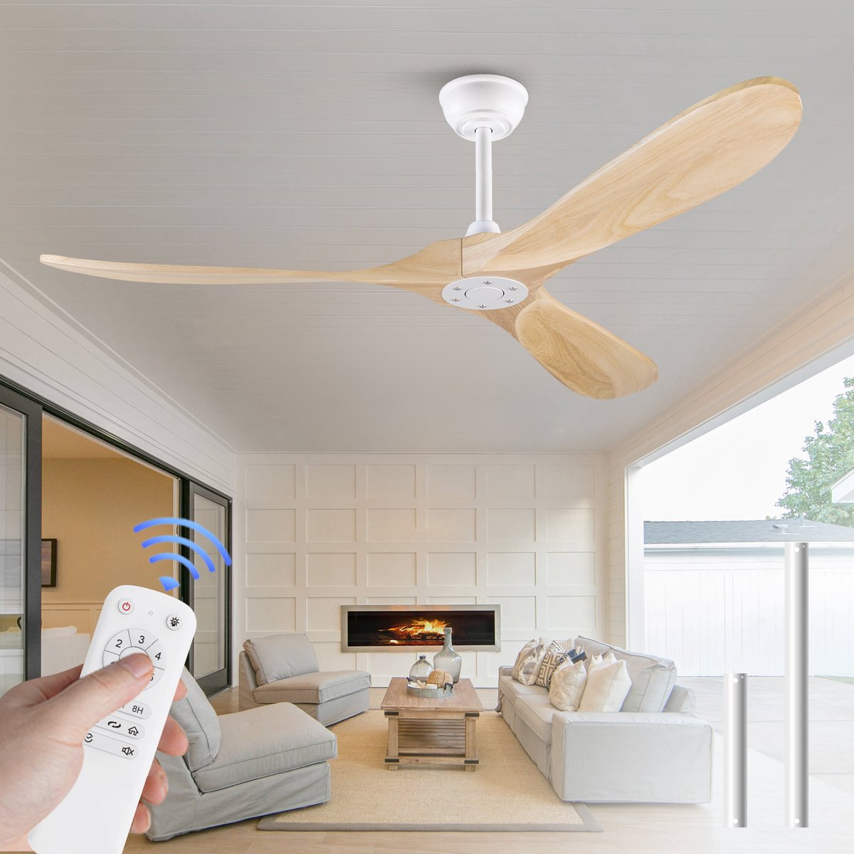 MIVRAY Plafondventilator 60 Inch Zonder Licht Met Afstandsbediening 6 Snelheden Timer Omkeerbaar Hout Metaal Wit Natuurlijk Voor Woonkamer En Overdekt Terras