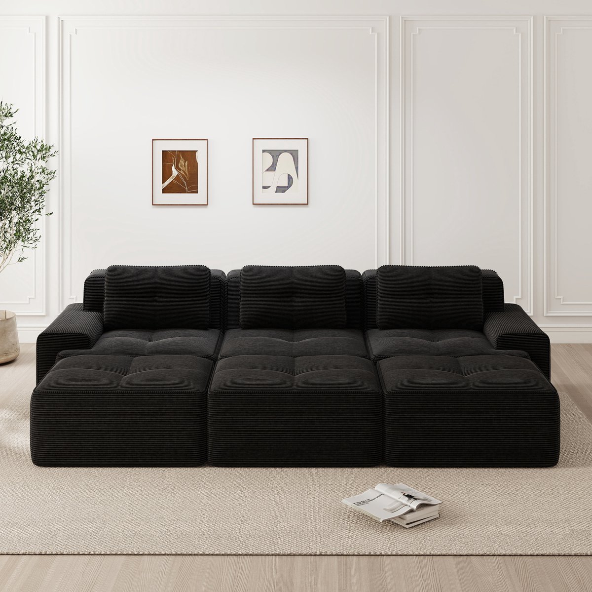 MIVRAY Hoekbank 293 x 177 cm - Modulaire Slaapbank Met 3 Hockers en Diepe Zitting - Voor Woonkamer - Ribfluweel - Zwart