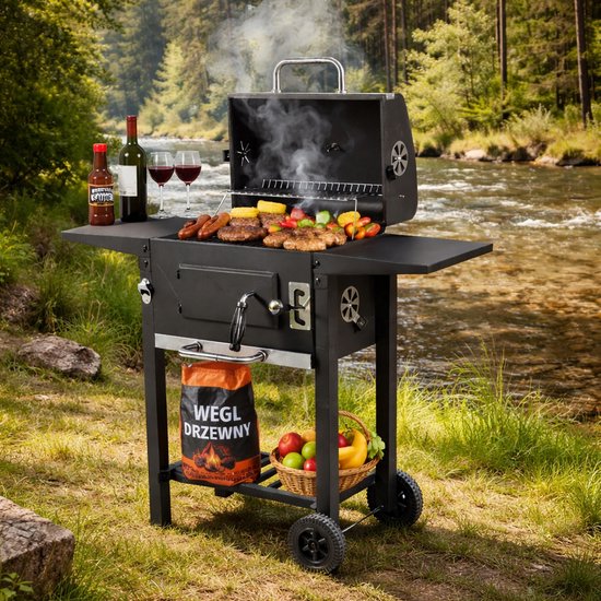 Merkloos XXL Koolgrill met Deksel, Thermometer en Wielen — afbeelding 5