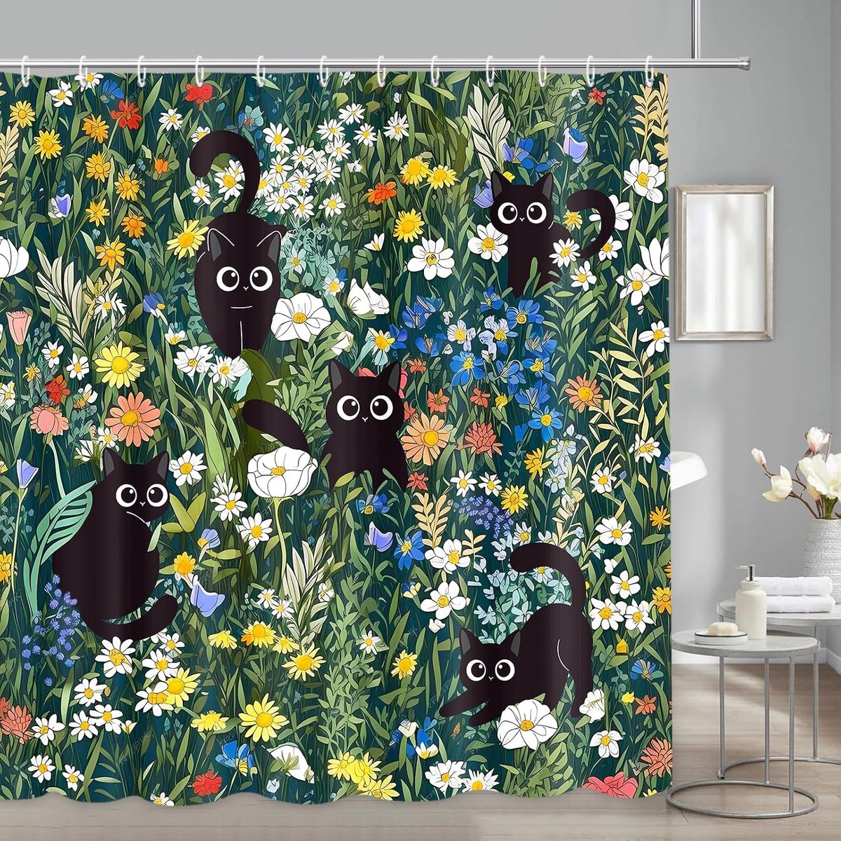 Douchegordijn 180 x 180 cm - Zwarte katten - Waterdicht polyester - Leuk voor de badkamer - ShopVlot