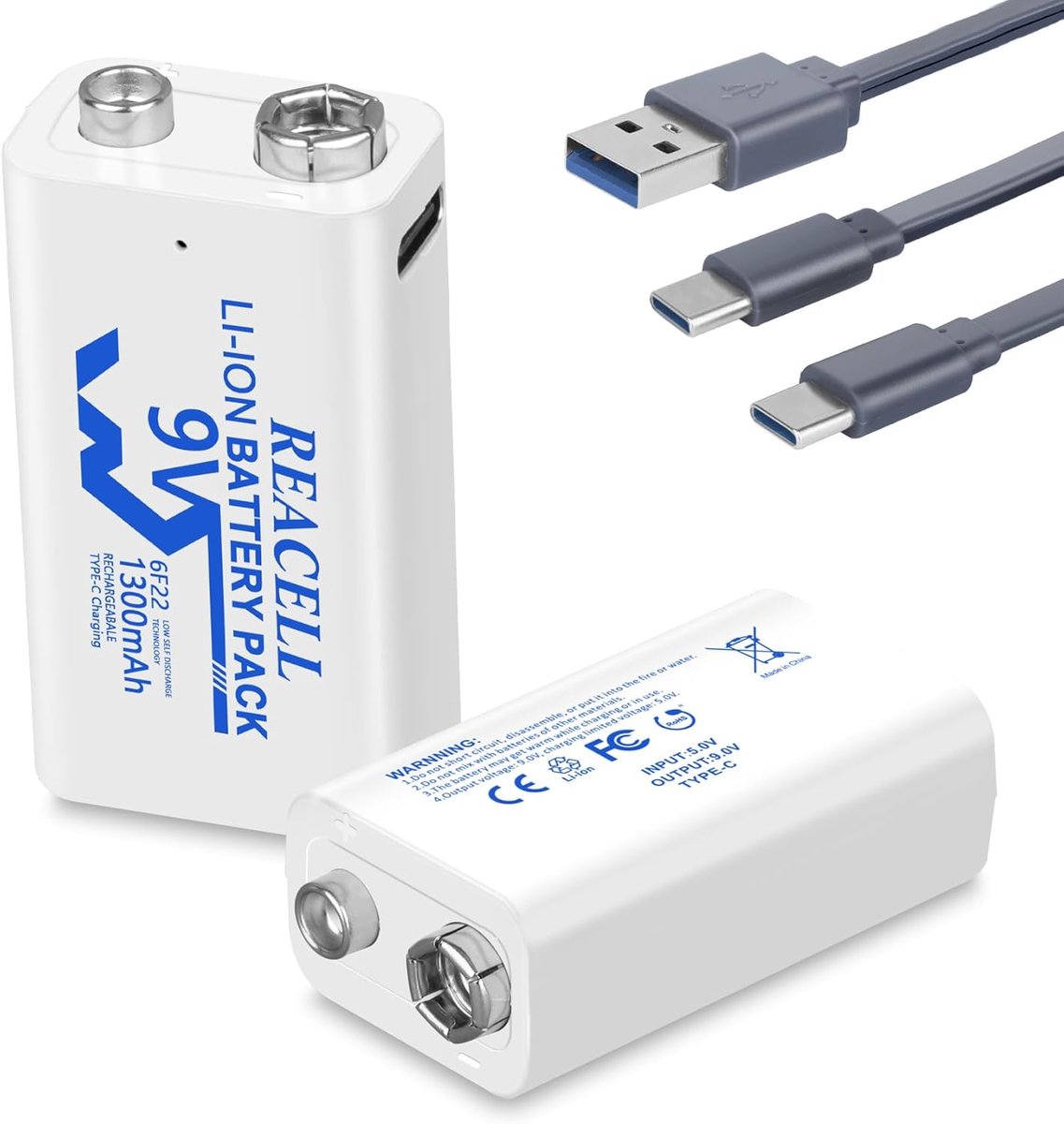 9V oplaadbare lithium-ion accu 1300mAh - 2-in-1 USB-C oplaadkabel - hoge capaciteit - voor rookmelder - ShopVlot