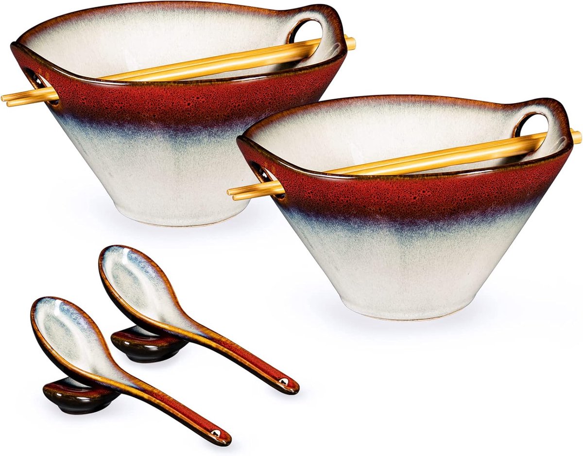 Ramen bowl set - 2 keramische ramenkommen 780ml - gradient rood - compleet met eetstokjes en lepels - SnelShoppen