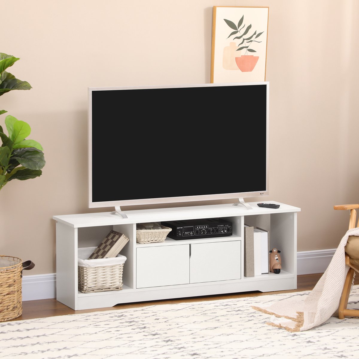 Modern design tv-meubel, geschikt voor televisies tot 42'', 3 nissen, opbergkast met twee deuren, entertainmentcentrum geschikt voor woonkamer, slaapkamer, Afmetingen 120L x 30l x 41H cm - wit spaanplaat