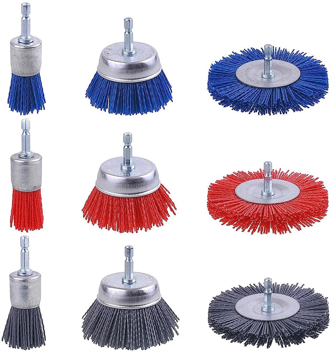 Boor schuur- en borstelset 9-delig - nylon borstels 1/4 inch - roest- en corrosiebestrijding - ShopVlot