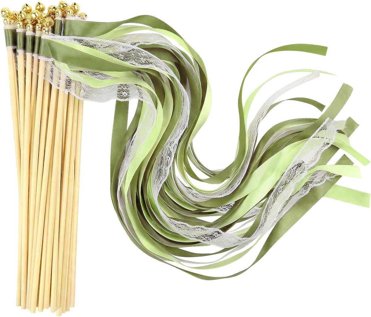 Eetstokjes 36 stuks - groen lint en kant - met belletjes - decoratie voor bruiloft of feest - ShopVlot