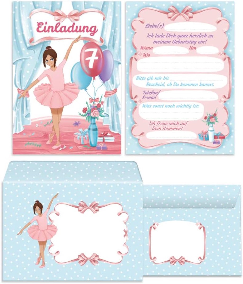 Uitnodigingskaarten 12 stuks - Ballerina thema - Voor 7e verjaardag meisje - Inclusief enveloppen - ShopVlot