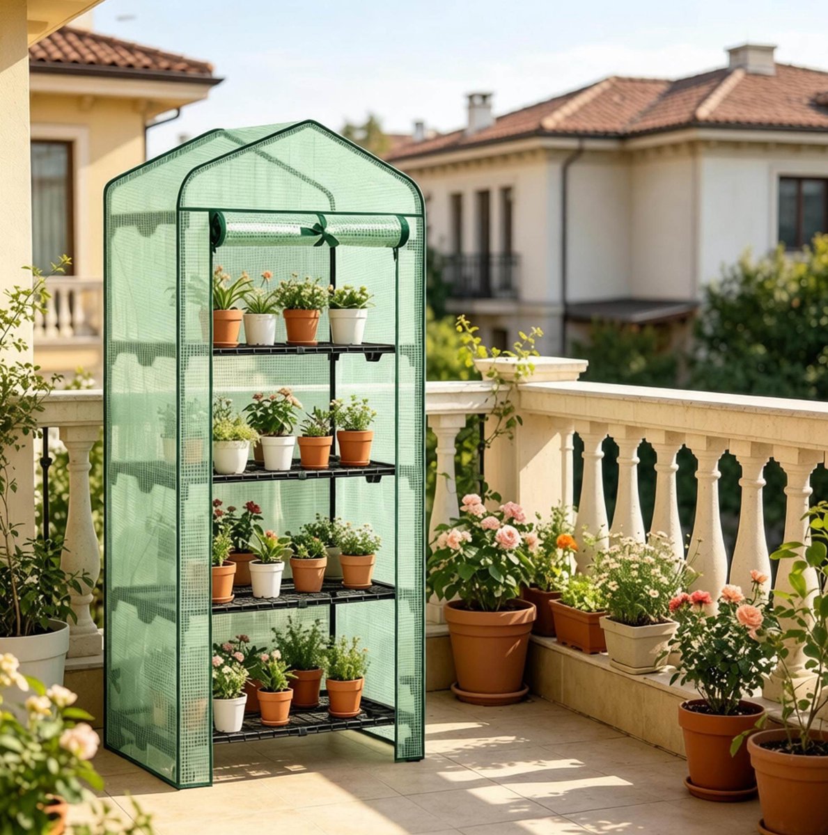 MIVRAY Tomatenkas Met Wielen – 4 Roosterplanken En Oprolbare Ritsdeur – 70 x 50 x 163 cm – Polyetheen En Staal – Groen – Voor Balkon En Tuin