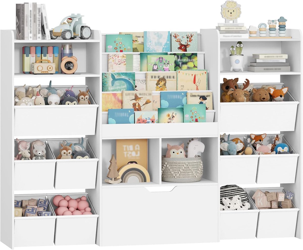 Hzuaneri Kinderkast met tijdschriftenrek, 30 x 140 x 100 cm (wit) – Boekenkast voor kinderen met verrijdbare bakken en 10 stoffen lades, speelgoedopslag voor kinderkamer, woonkamer of slaapkamer