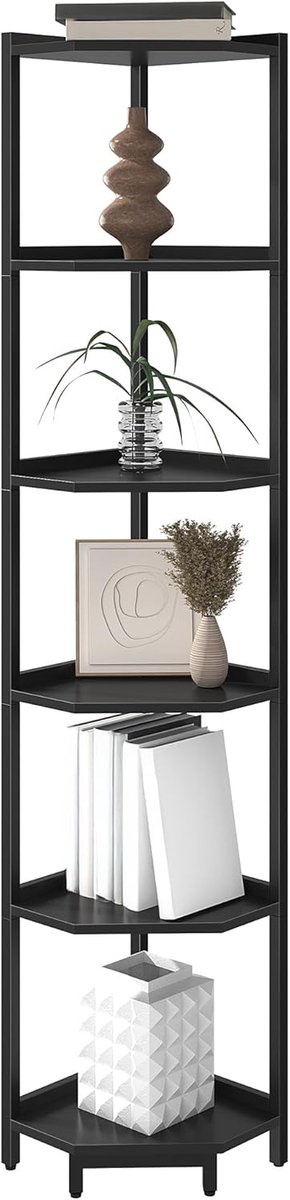 Hzuaneri Hoekboekenkast met 6 niveaus, 30 x 30 x 167 cm, zwart Hoekplank, boekenkast met 6 niveaus, vrijstaande kast, opbergmeubel, geschikt voor woonkamer, studeerkamer en kantoor