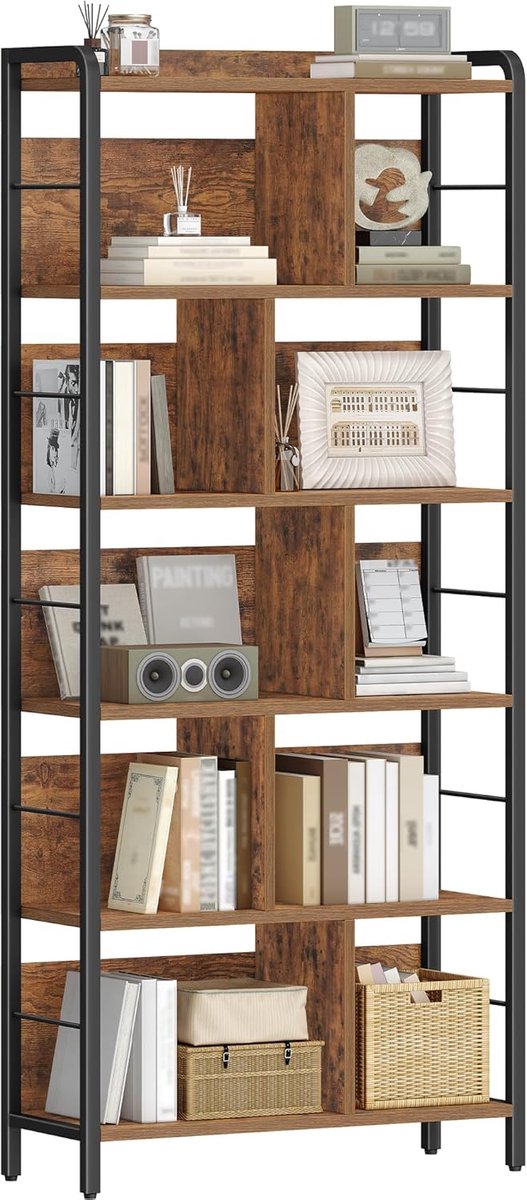 Hzuaneri 6-laags Boekenkast,Open Boekenplank,Vintage Bruin,186 cm