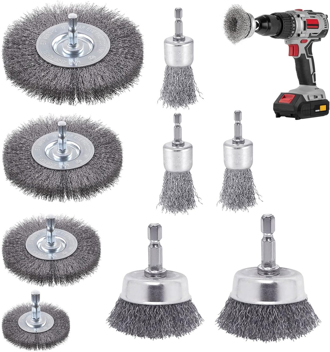 Draadborstel set 9 delig - 6 mm staalborstels - voor reinigen en polijsten - SnelShoppen