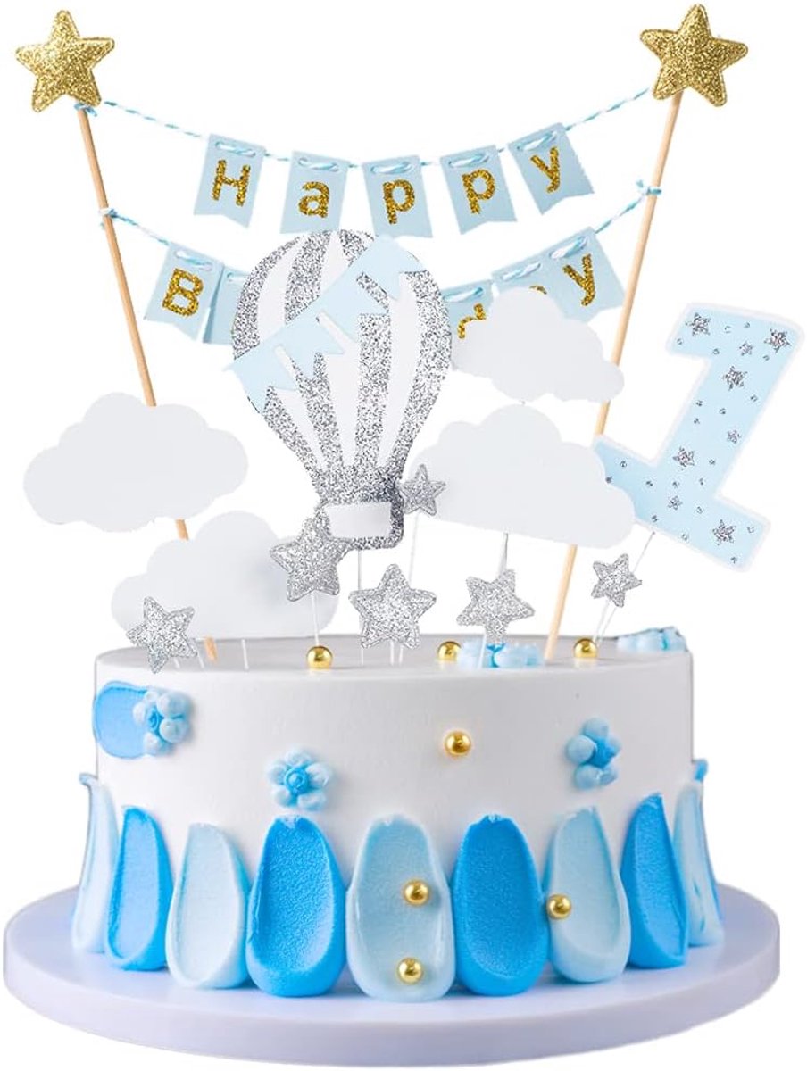 Cake decoratie jongens 1 jaar - verjaardagsbanner - sterren en luchtballon - leuk voor verjaardagstaart - SnelShoppen