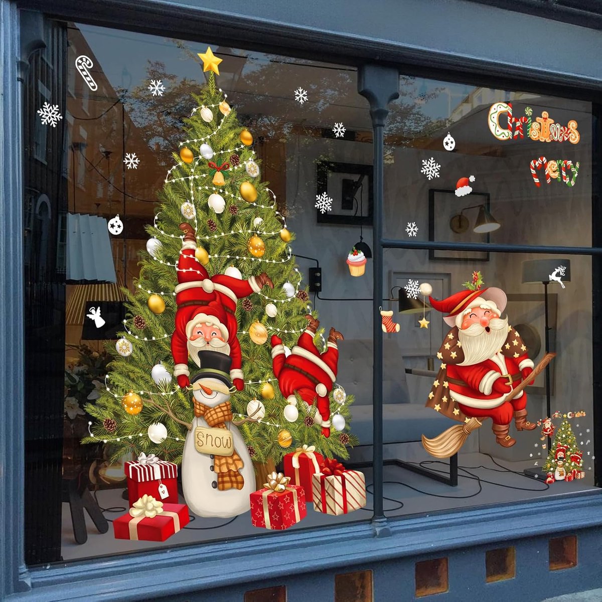 Kerstraamstickers groot - Dubbelzijdige kerstscène - Voor winkeldecoratie - Makkelijk te bevestigen - SnelShoppen