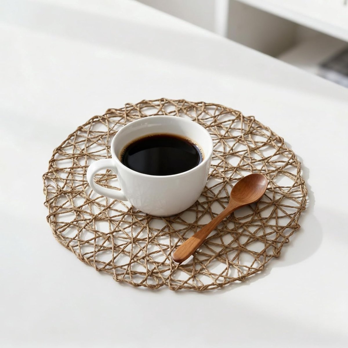 Placemats set van 6 - 33cm handgeweven papier - lichtbruin - perfect voor binnen en buiten - SnelShoppen