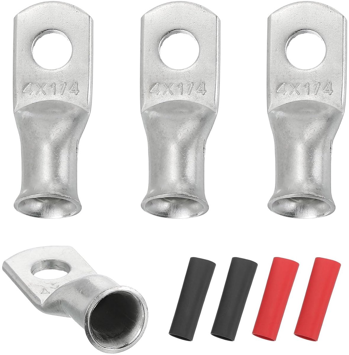 4 stuks 4 AWG M6 oogbatterijklemmen, 1/4 inch 6 mm kabeltip om vast te klemmen koperen connector, krimpommanteling 3:1, zilver