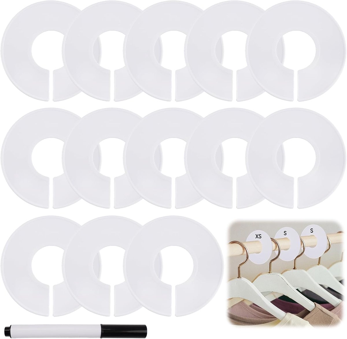 20 stuks kledinghangers maatverdeelders, 9 cm kledingmaten verdeelders, ronde kunststof maatverdeelders, maatscheidingsringen, voor kledingmaat onderscheiding, voor kledingkast kledingwinkel (wit)