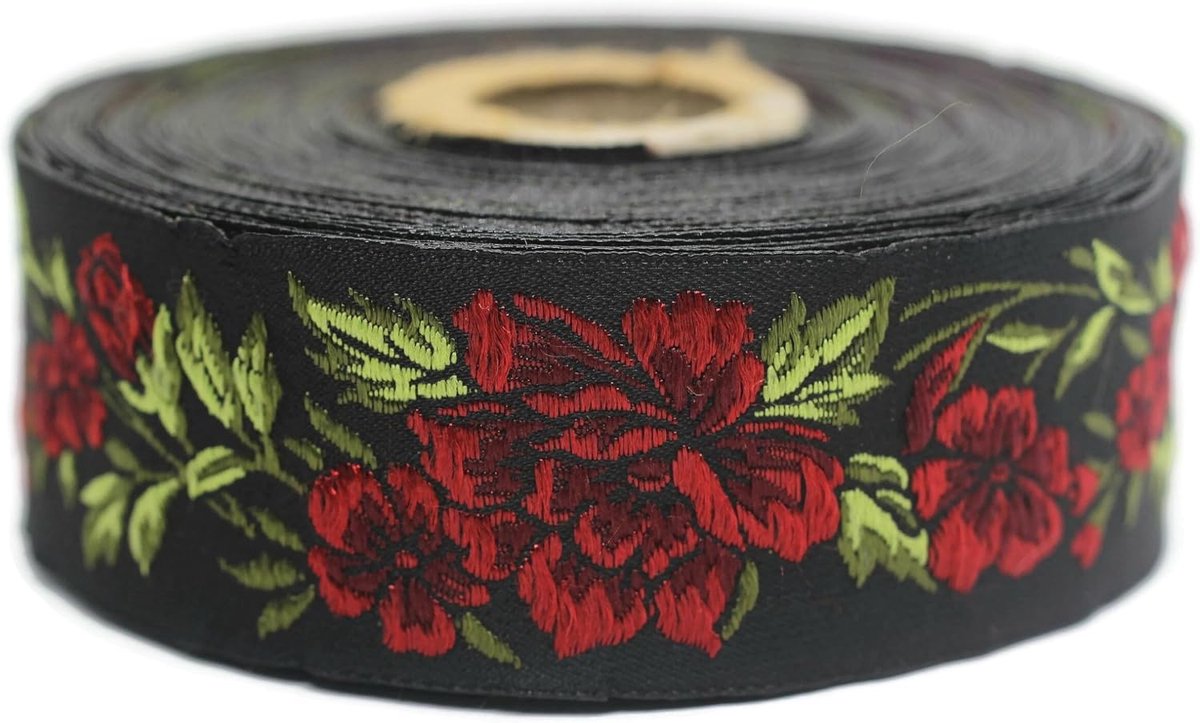 Jacquard lint geweven rood en zwart - middernachtbloem 10 m x 35 mm - rollen borduurlint voor naaidecoratie 35096-V4