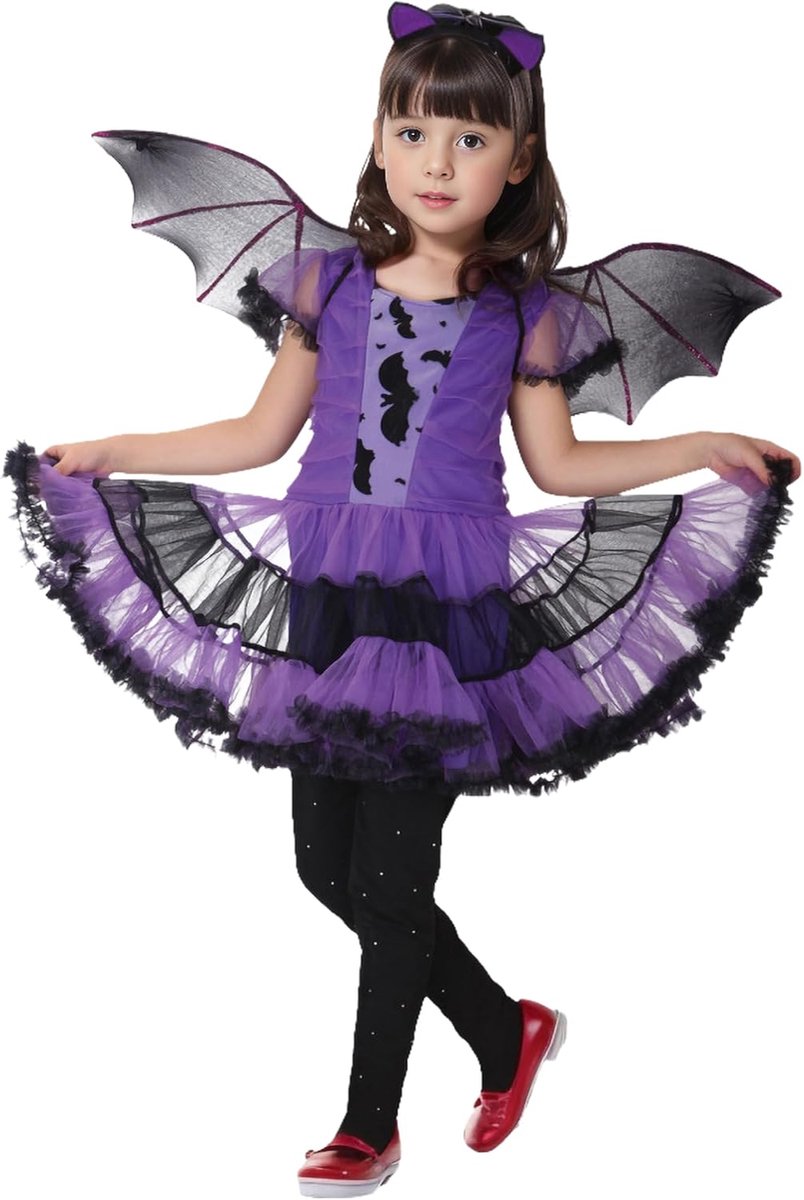 Vleermuis Kostuum Paars Cosplay Kostuum Halloween Carnaval Vleermuis Kostuum met Hoofddeksel Vleugels voor Meisjes en Jongens Van 3-12 jaar
