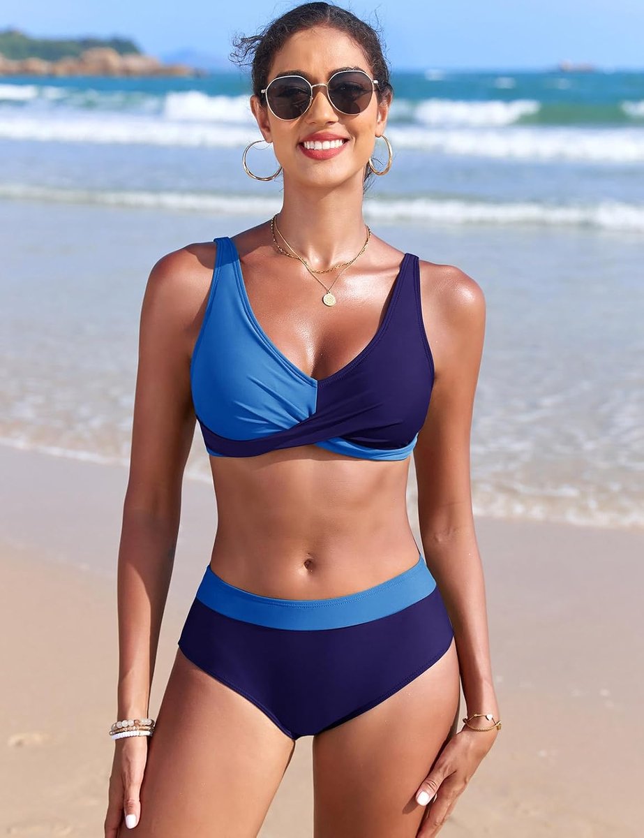 Badpak voor dames, tweedelig, gedraaid, hoge taille, push-up, elegant, bikiniset, strandkleding, zomer, platte buik, beachwear