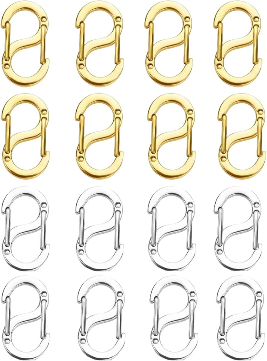 16 stuks mini-karabijnhaken, dubbel te openen karabijnhaken, klein S - Lock-sluitingen, roestvrij staal, kleine karabijnhaken, antislip voor armbanden en halskettingen, doe-het-zelf (zilver-12