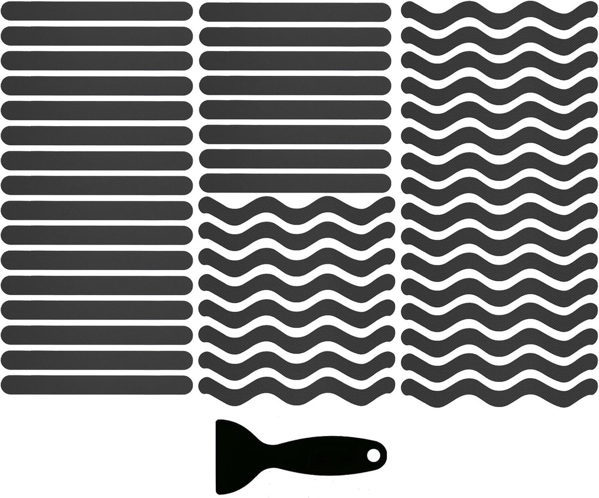 Badkuipstickers, 48 stuks veiligheid antislip douchestickers strips zelfklevende stickers met schraper voor badkuip douche vloer trap ladders, zwart